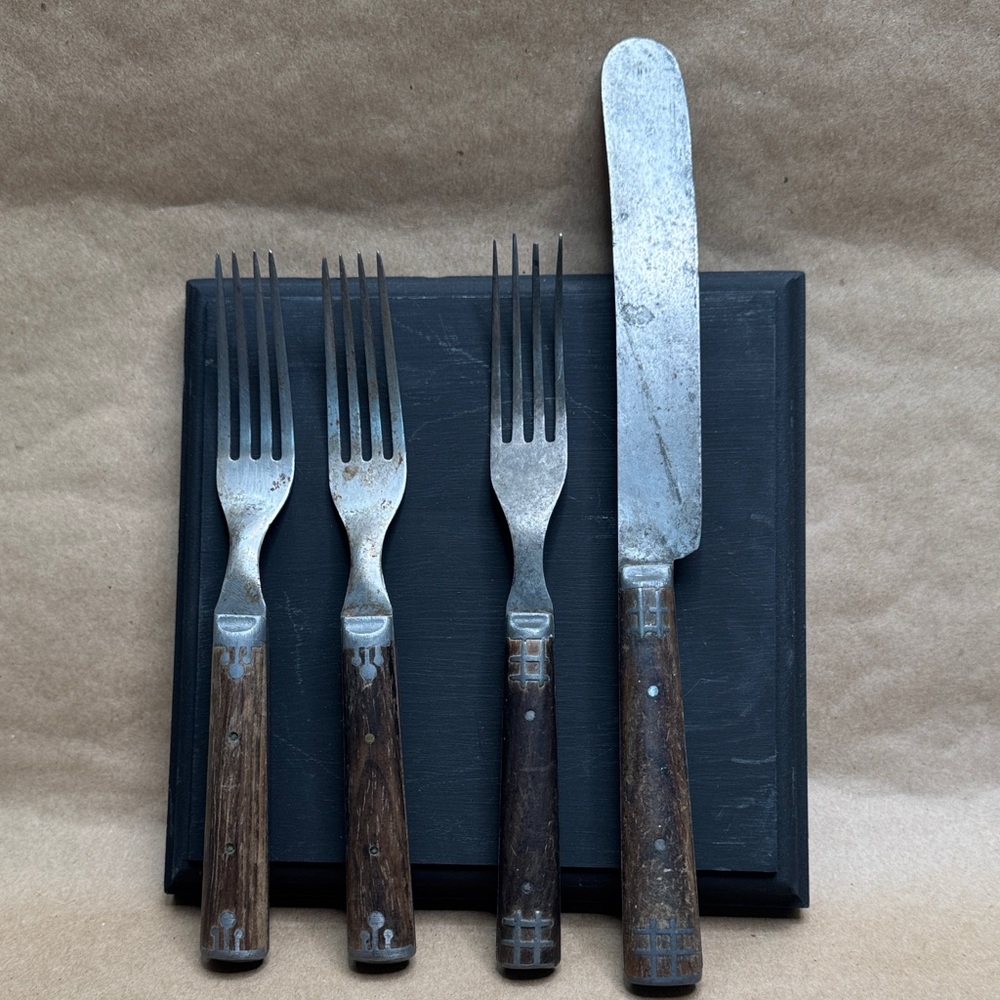 Antique Civil War Era Knickerbocker Knife & Fork and 2 Forks Wood and Pewter